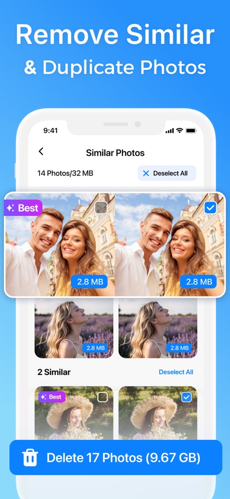 Smart Cleaner: AI Clean Up - Discover the app's ability to intelligently detect and group similar photos, presenting them with a 'Best' suggestion and checkboxes for efficient bulk deletion.