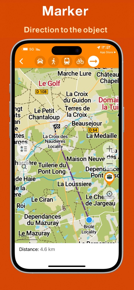 Desert Maps: Navigator Offline - Users can easily set destination markers and receive direct path guidance with real-time distance updates to their object.