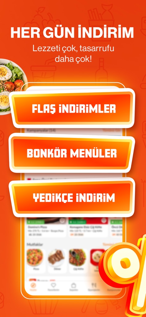 Trendyol Go: Food & Groceries - Diese Ansicht demonstriert das Engagement der App für Preisersparnisse, sichtbar durch den prominenten Header 'HER GÜN İNDİRİM' und verlockende Optionen wie 'Flaş İndirimler' und 'Bonkör Menüler'.