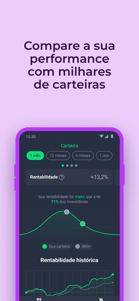 Grana - IR da bolsa automático - The app offers robust performance benchmarking features, allowing users to compare their portfolio's profitability against the IBOV and other investors for valuable insights.