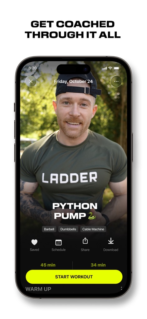 LADDER Strength Training Plans - Users receive comprehensive guidance through each session, featuring a coach introduction video like 'Python Pump' and displaying essential details such as workout duration and required equipment.