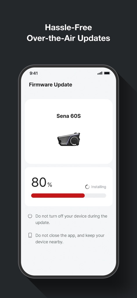 Sena Motorcycles - This dedicated screen streamlines device maintenance, displaying the 'Firmware Update' progress bar and crucial instructions to ensure a successful installation.