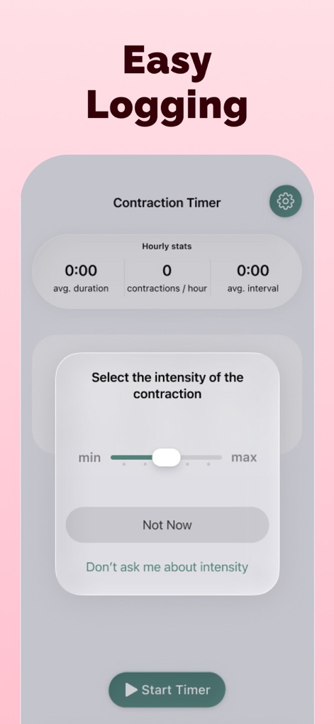 Contraction Timer ＆ Tracker - El registro de la intensidad de la contracción se simplifica con un intuitivo deslizador que permite seleccionar el nivel, y la pantalla muestra de forma clara las 'Hourly stats' con el promedio de duración y contracciones por hora.