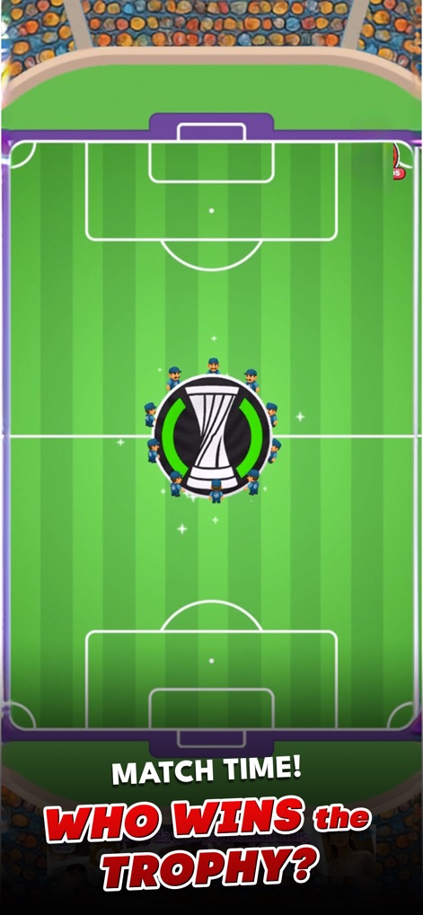 Referee Simulator 3D - Experience the start of an important match, depicted by an overhead field view and the central trophy icon symbolizing career progression.