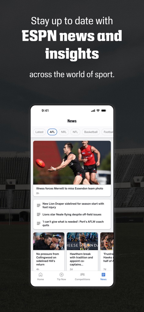 footytips - Footy Tipping App - このアプリは、AFLやNRLなどの主要スポーツの最新ニュースをリアルタイムで提供し、ユーザーは興味のある記事を画像と見出しで手軽に閲覧できます。