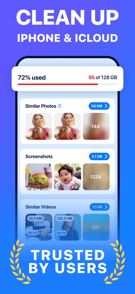 Phone Cleanup: Storage Cleaner - Diese Ansicht präsentiert eine Übersicht der belegten Speicherkapazität (72% verwendet) und kategorisiert Inhalte wie ähnliche Fotos und Screenshots, um Nutzern eine schnelle Orientierung zur Bereinigung zu bieten.
