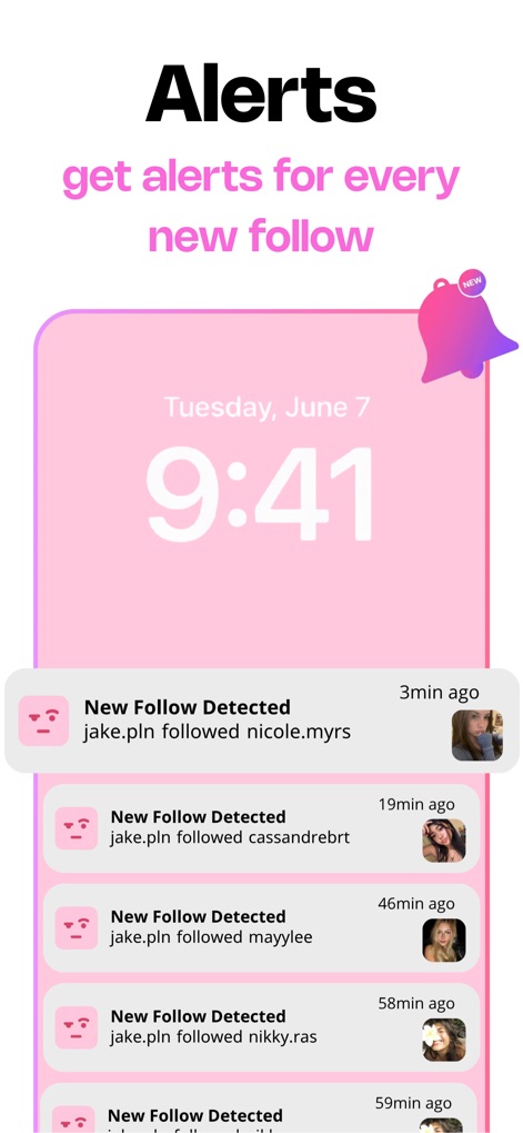 The Ick: Recent Follow Tracker - The app ensures users receive immediate updates, prominently featuring a bell notification icon and a chronological feed of "New Follow Detected" alerts with precise timestamps.