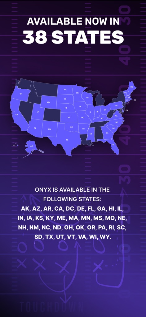 Onyx - Sports Picks - This tool demonstrates its expansive reach with a clear geographical map highlighting available states and a comprehensive list of supported regions.