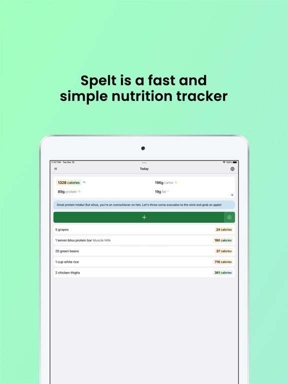 Spelt - simple calorie counter iPad screenshot 1 - Health & Fitness app