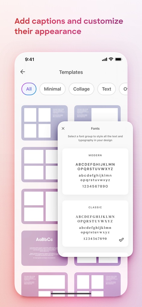 Popsa | Print Your Photos - The app offers extensive customization options, enabling users to choose from various "Templates" for page layouts and personalize text appearance through the "Fonts" selection, including "Modern" and "Classic" styles.