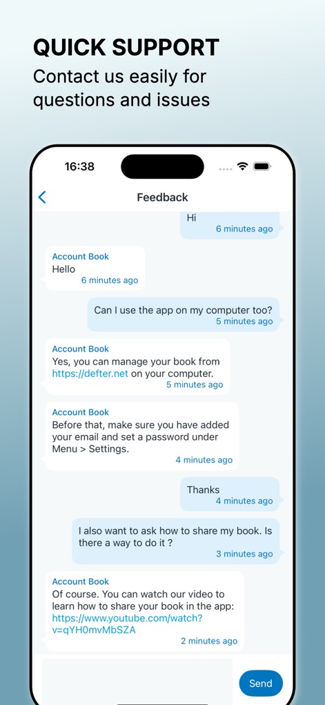 Account Book - Money Manager - Access immediate assistance through the in-app support chat, providing users with direct access to help resources for any questions or issues.