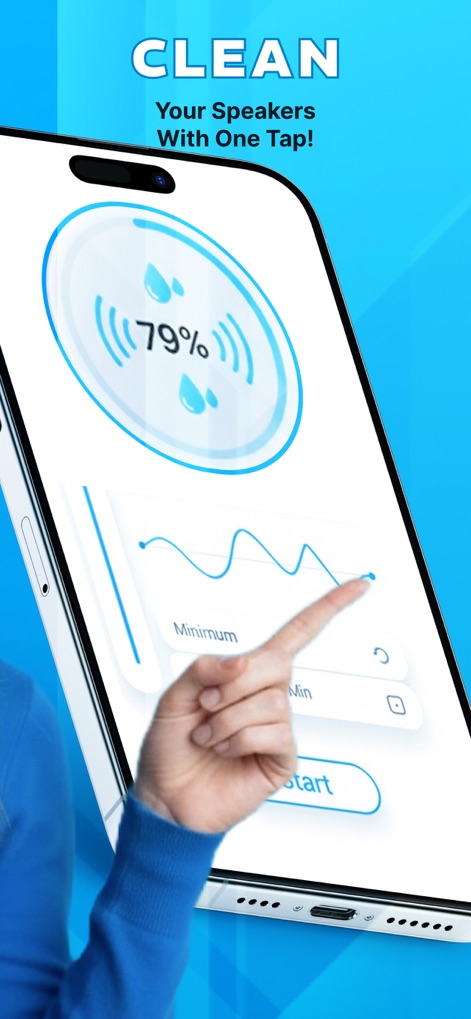 PureWave Al Care - The app simplifies speaker maintenance, showing a clear 79% cleaning progress and a dynamic waveform graph.