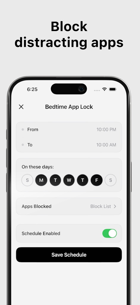 Erly: Wake Up Early - The 'Bedtime App Lock' feature allows users to schedule specific 'From' and 'To' times, ensuring focus by blocking distracting applications during crucial rest periods.