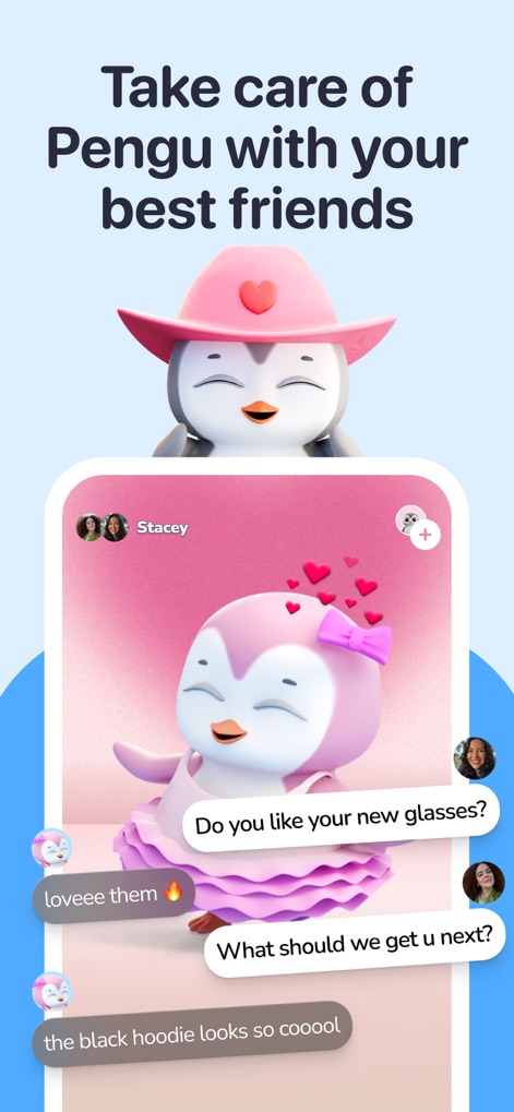 Friends – Pengu, Bao & Mellow - This screen highlights Pengu's social functionality, showcasing a real-time chat interface with multiple user avatars and speech bubbles.