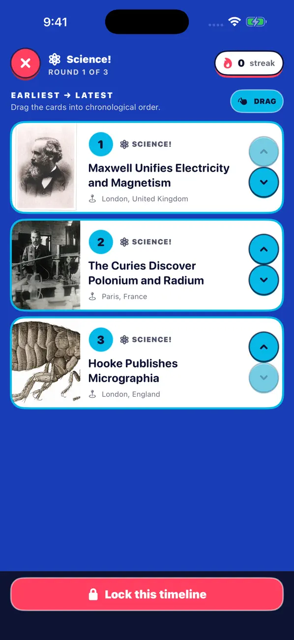 Historemix Science round with three historical moments to arrange