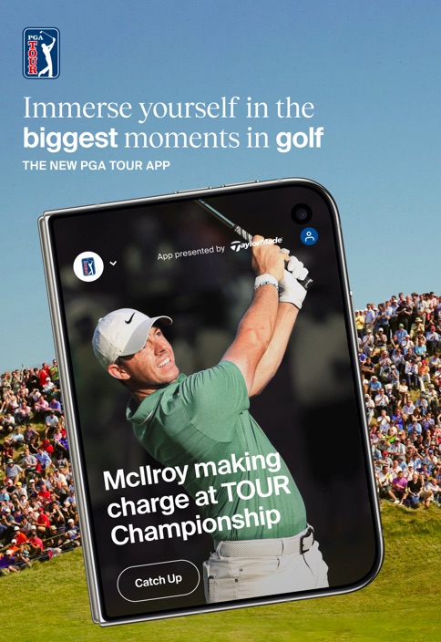 PGA Tour on iPhone Duo’s inner display, from the developer’s App Store screenshots.