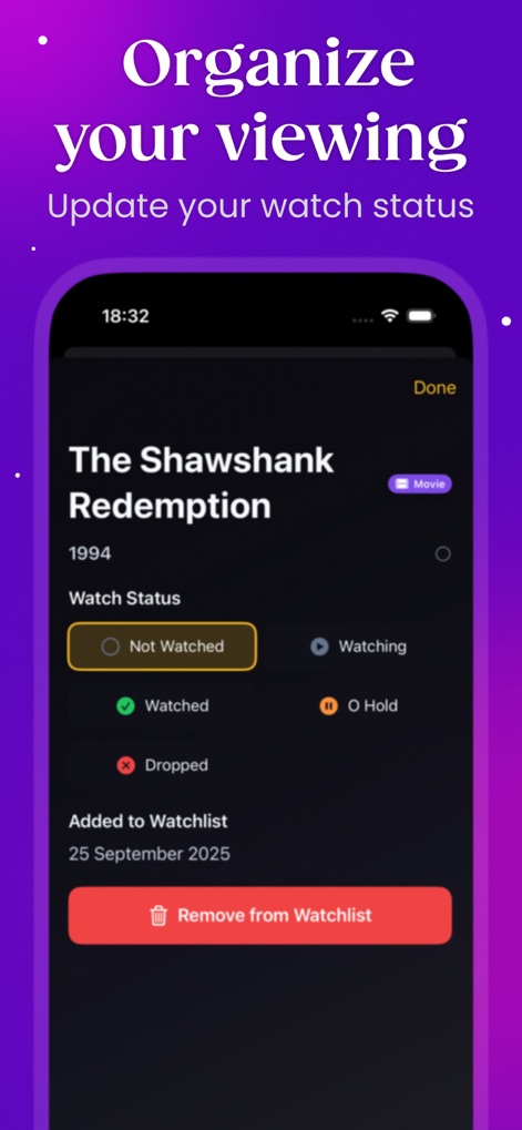 PipeCalc AI: Movie & TV Picks - 映画のウォッチステータス（未視聴、視聴済みなど）を更新するオプションと、「ウォッチリストから削除」ボタンが見えます。