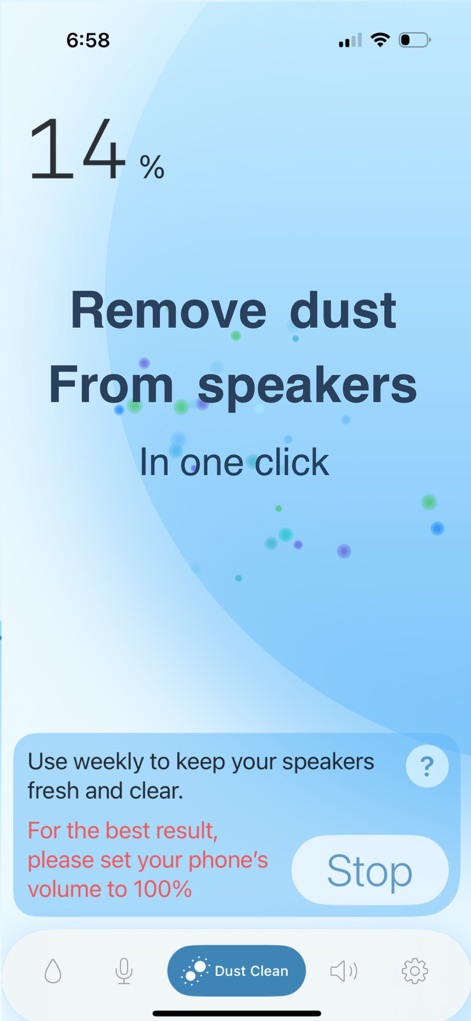 CleanSound: Speaker Cleaner - Explore the app's dust removal feature, highlighted by animated dust particles and a critical volume recommendation for optimal cleaning.