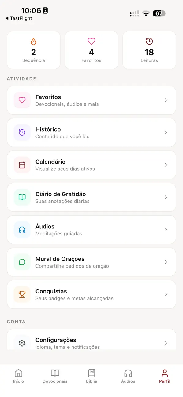 Captura real do perfil do app com a entrada Diário de Gratidão