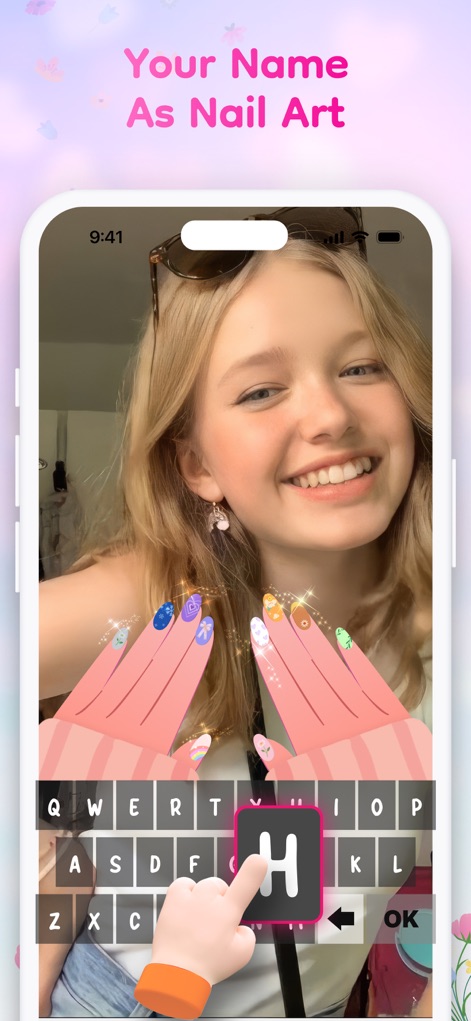 FloralWhisper: Lovely Language - このアプリでは、ユーザーの顔の背景に、鮮やかな色と模様で飾られたバーチャルネイルアートと、名前をアートにするキーボード機能が提供されます。