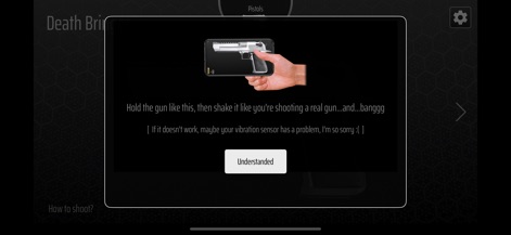 Gun Simulator - Shake to shoot - 발사 동작 안내 팝업창은 총처럼 휴대전화를 쥐고 흔드는 방법과 'Understood' 확인 버튼을 포함하여, 사용자에게 핵심 조작법을 명확히 전달합니다.