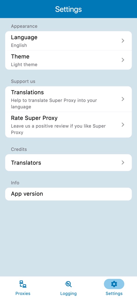 Super Proxy - Tunnel your apps - Users can fine-tune their experience through the comprehensive Settings menu, which includes options for customizing the app's appearance (Language and Theme) and accessing support features like "Rate Super Proxy".