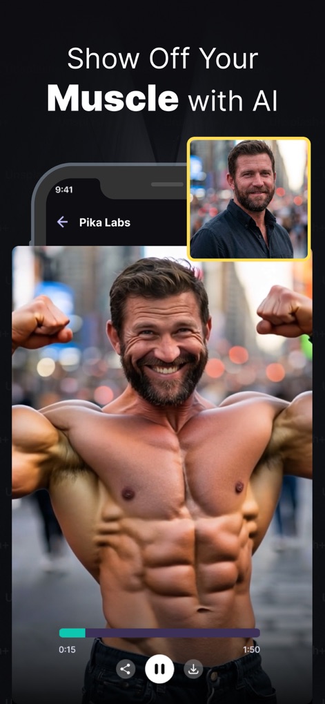 Pika Labs: AI Trend Effects - Mettez en valeur votre physique avec l'IA, comme le montre la transformation impressionnante d'un homme en bodybuilder musclé et son visage souriant.