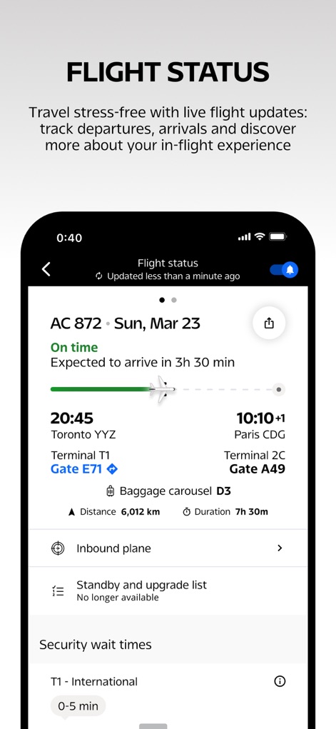 Air Canada + Aeroplan - Esta herramienta proporciona actualizaciones precisas del estado de los vuelos, mostrando la hora de llegada prevista y la "Gate E71", además de información crucial como el "Baggage carousel D3" y los tiempos de espera de seguridad.
