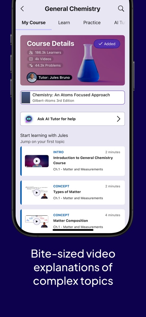 Pearson+ | Study Prep & eTexts - The app presents detailed 'Course Details' including the number of learners and available videos, breaking down complex topics into 'bite-sized video explanations'.