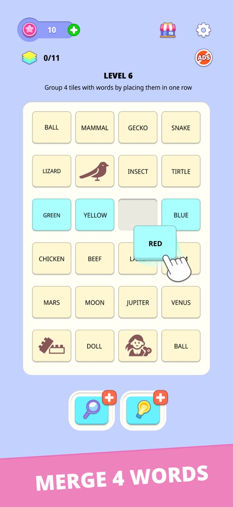Word Merge: Categories - Observe the engaging drag-and-drop mechanism as users strategically position individual word tiles to form connections.