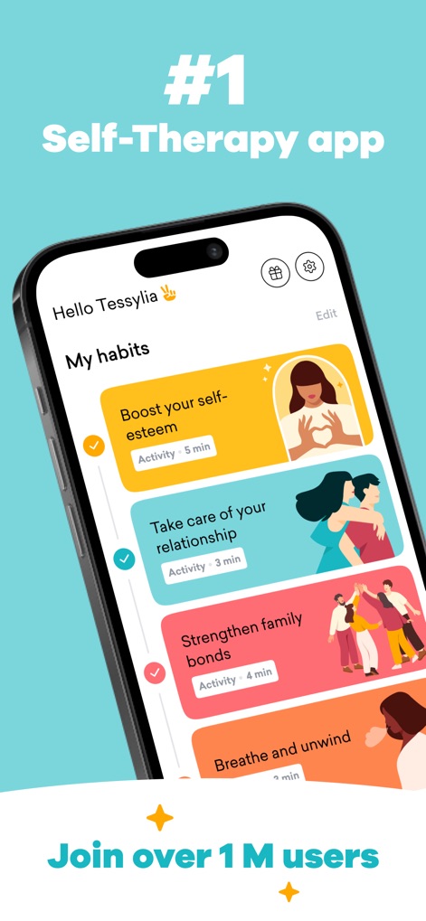 MindDay: Mental Health, Stress - L'application propose des activités courtes et ciblées, permettant aux utilisateurs de développer des habitudes mentales positives et de suivre leurs progrès via des coches de validation.