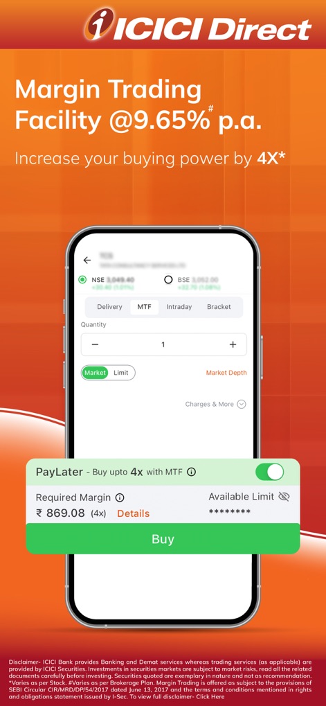 ICICI Direct-Stocks F&O MF IPO - This tool offers a Margin Trading Facility, providing options like 'MTF' and displaying the 'Required Margin' to help users increase their buying power.