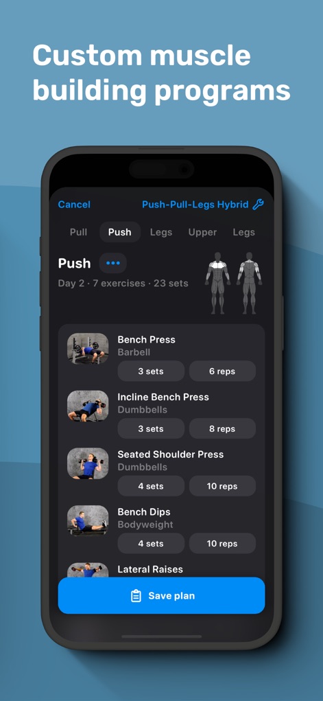 Gym Workout Alpha Progression - Esta herramienta facilita la creación y gestión de programas de entrenamiento personalizados, mostrando la distribución de ejercicios por día y el conteo total de series.