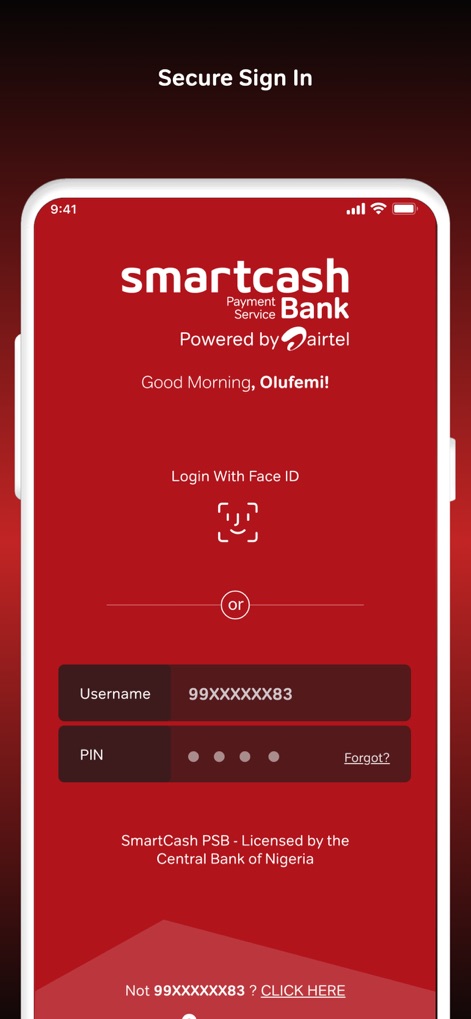 Smartcash PSB - This screen showcases the app's robust security features, offering both convenient Face ID login and traditional username and PIN fields for user authentication.