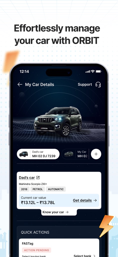 CARS24® – Sell & Buy Used Cars - Manage your car details effortlessly within 'ORBIT', observing the current car value display and leveraging 'Quick Actions' for FASTag services.
