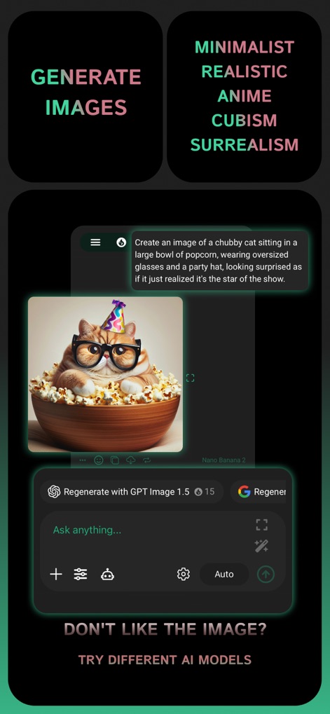 Clever AI Hub - Pro AI Agents - This feature allows users to generate images with various artistic styles such as Minimalist and Anime, further offering the flexibility to regenerate creations with different AI models like GPT Image 1.5.