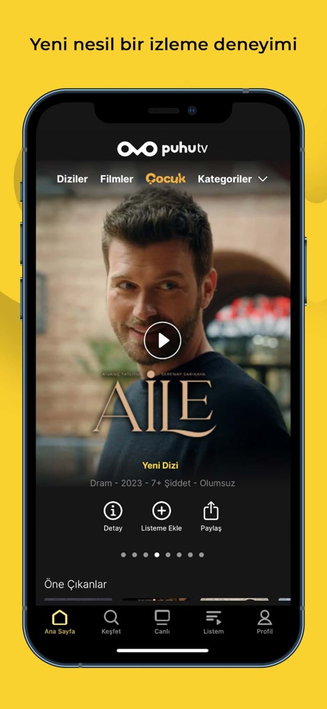 puhutv - These screenshots reveal the app's intuitive homepage, spotlighting current popular series like 'AİLE' and ensuring effortless navigation through its accessible bottom menu.
