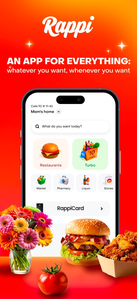 Rappi - Deliveries in Minutes - See how the app's intuitive home screen organizes diverse services like "Restaurants" and "Turbo" for immediate access to various delivery options.