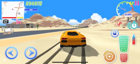 Dude Theft Wars FPS Open World - Take to the vast desert landscape in a sleek sports car, utilizing the intuitive driving controls and detailed speedometer for precision.