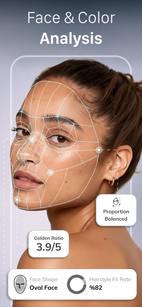 HairApp: AI Hairstyle Try On - Cet outil offre une analyse faciale détaillée, évaluant la forme du visage et le ratio d'or pour une compatibilité de coiffure optimale.