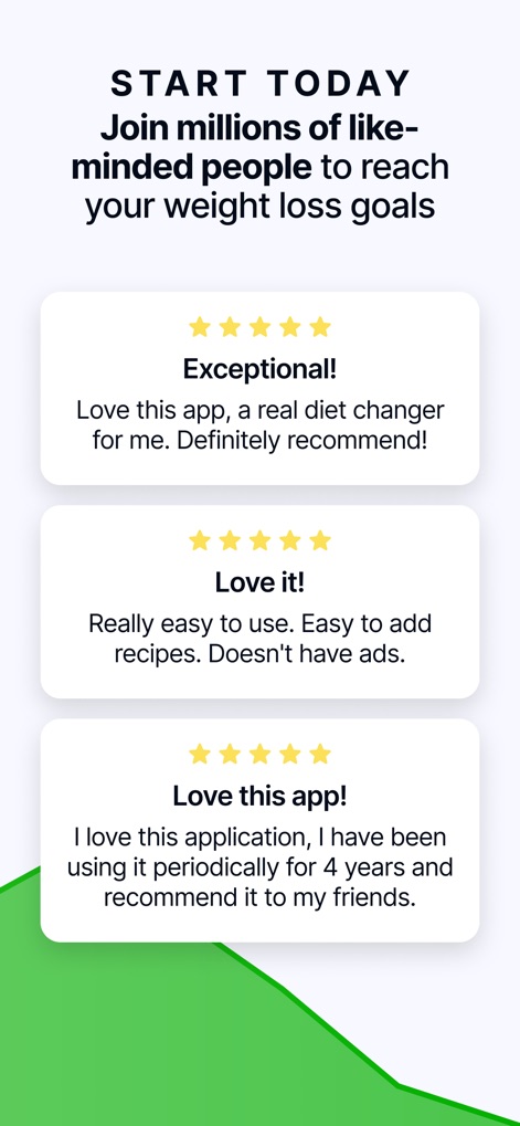 Calorie Counter by fatsecret - Muestra testimonios de usuarios satisfechos, destacando su experiencia positiva con la aplicación y las altas calificaciones de estrellas, reflejando su impacto en la pérdida de peso.
