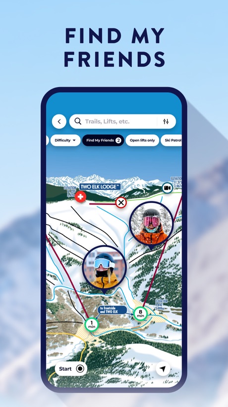 My Epic: Skiing & Snowboarding App Store screenshot 6, headline “FIND MY FRIENDS”. Says “I” or “my”.