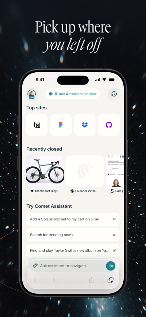 Comet - AI Browser & Assistant - Review the efficient homepage, displaying a privacy counter showing '51 ads & trackers blocked' and personalized suggestions in the 'Try Comet Assistant' section.