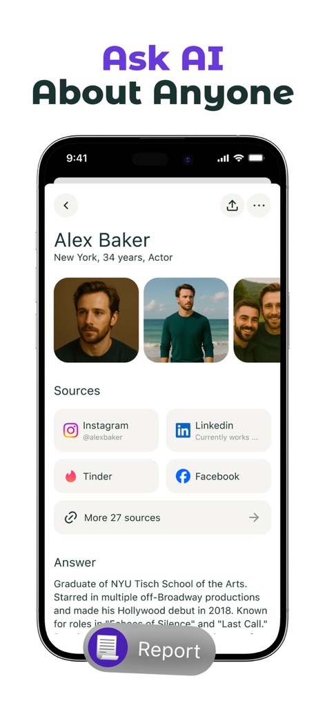 DeepSearch: AI Search Engine - Users can view detailed profile summaries, sourced from platforms like Instagram and LinkedIn, alongside options for deeper exploration.