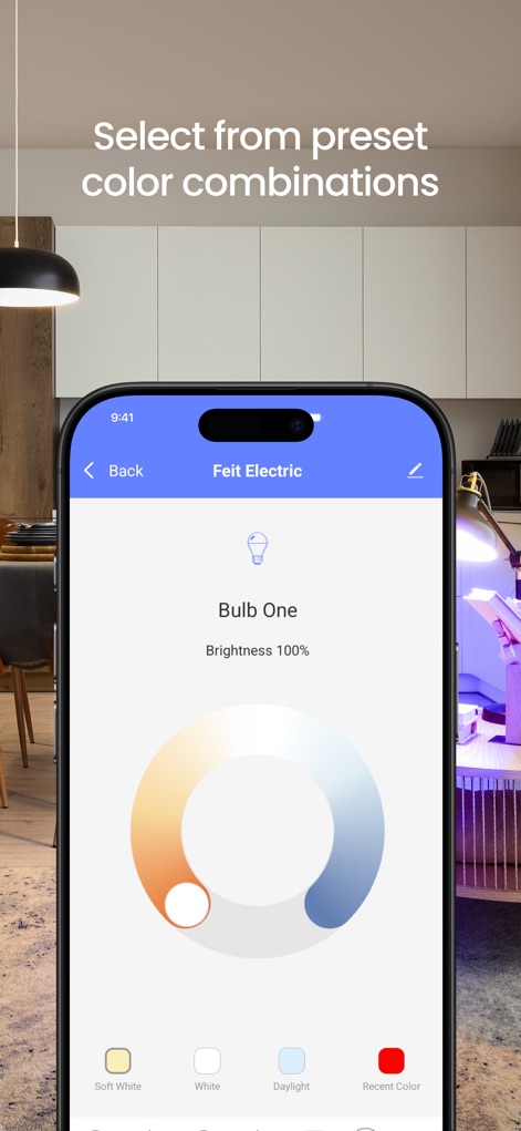 Feit Electric - La aplicación ofrece un control preciso de la temperatura del color, permitiendo a los usuarios elegir entre opciones como 'Soft White' y 'Daylight' para el ambiente ideal.