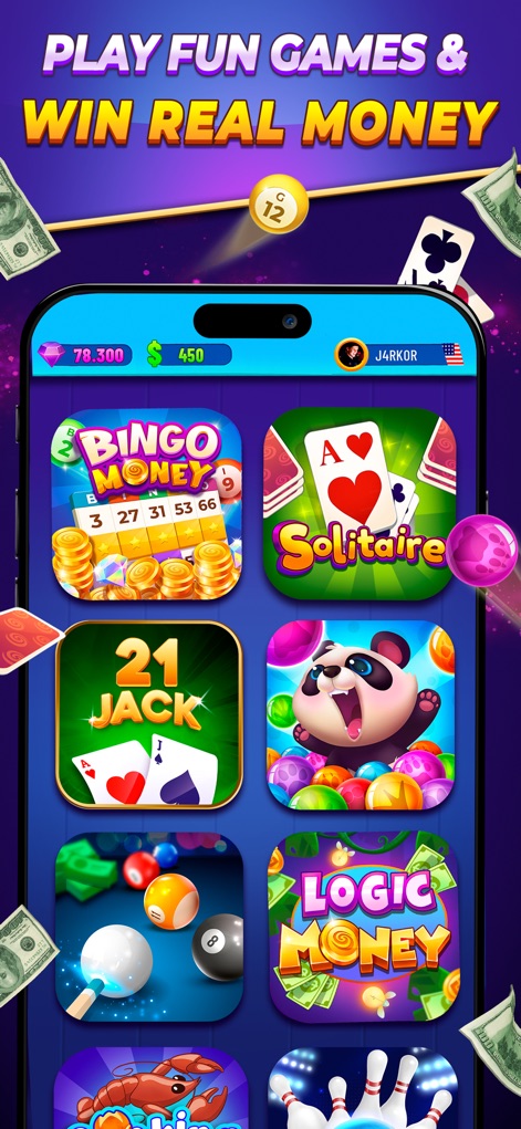 Backspin Games: Win Real Money - The app showcases a vibrant selection of popular skill-based games like "Bingo Money" and "Solitaire Money", inviting users to explore diverse challenges.