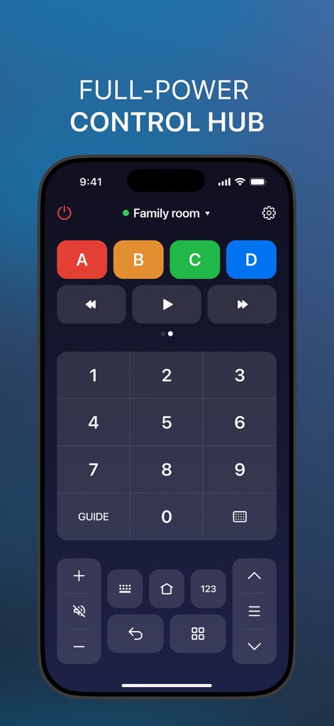 TV Remote | Universal Control - 사용자는 숫자 키패드를 사용하여 채널을 직접 입력하고, 미디어 재생 버튼으로 콘텐츠를 제어하는 등 다양한 기능을 활용할 수 있습니다.
