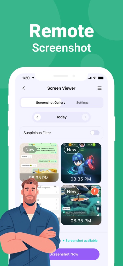 FamiSafe: Parental Control App - El "Screen Viewer" permite ver una "Screenshot Gallery" de la actividad del dispositivo y activar un "Suspicious Filter" para identificar contenido inapropiado.