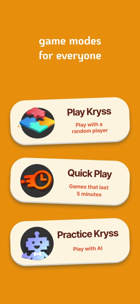 Kryss - The Battle of Words - Players can choose from varied game modes like 'Quick Play' for fast matches or 'Practice Kryss' against AI, each clearly presented with distinct button designs.