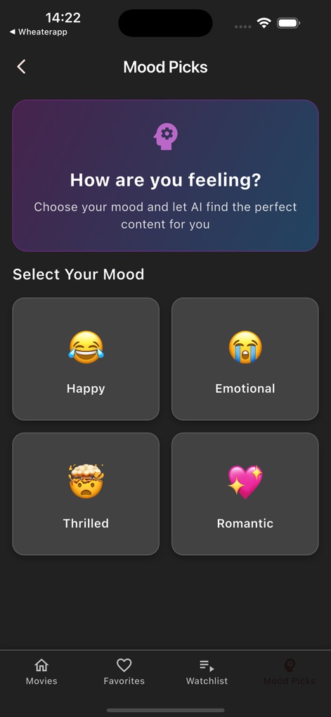 قصة عشق مسلسلات تركية - La sección 'Mood Picks' ofrece una innovadora interfaz donde los usuarios seleccionan su estado de ánimo mediante emoticonos como 'Feliz' o 'Emocional' para recibir sugerencias acordes a sus preferencias actuales.